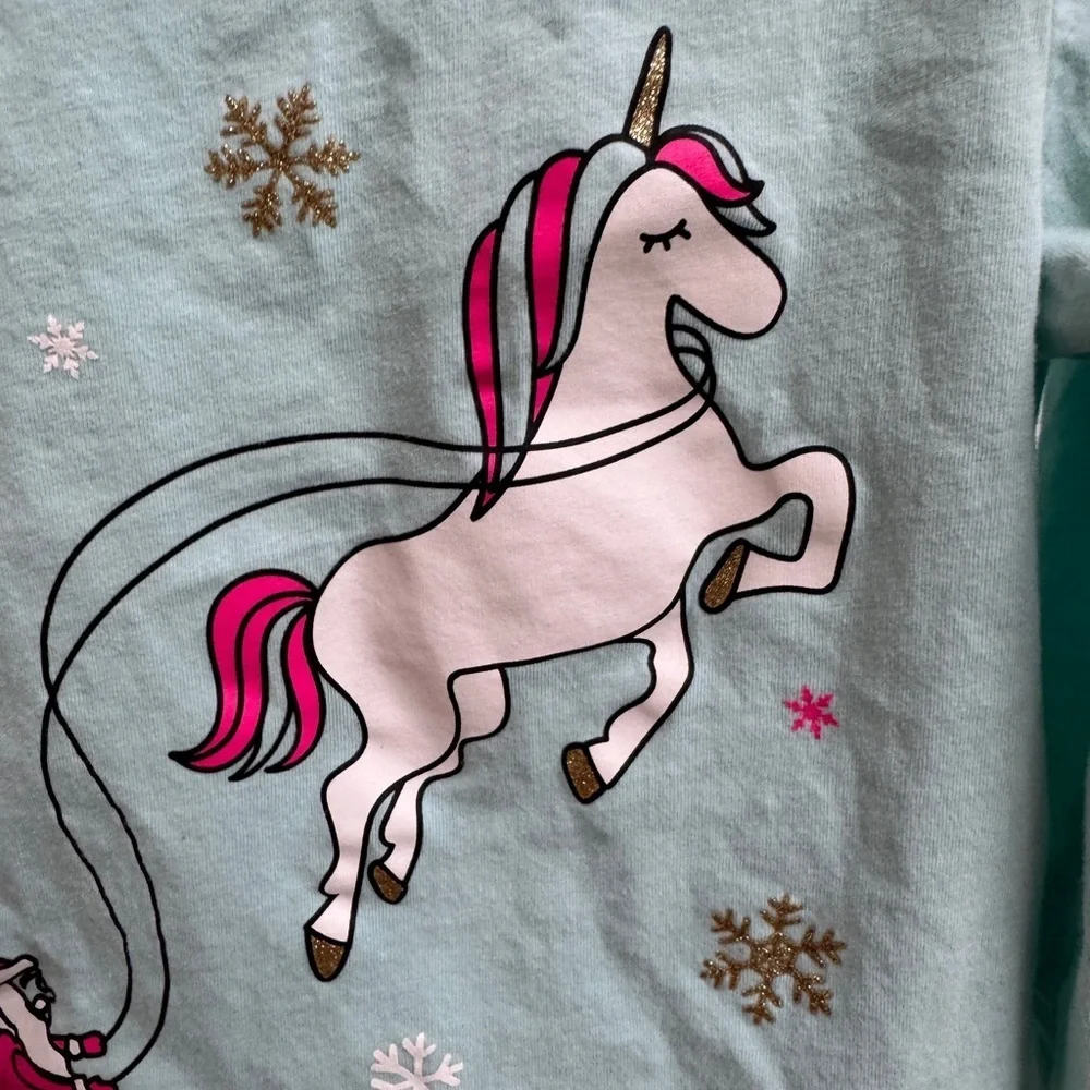 OshKosh B'gosh 4T Girls Light Blue Unicorn Santa Long Sleeve Shirt Top Christmas